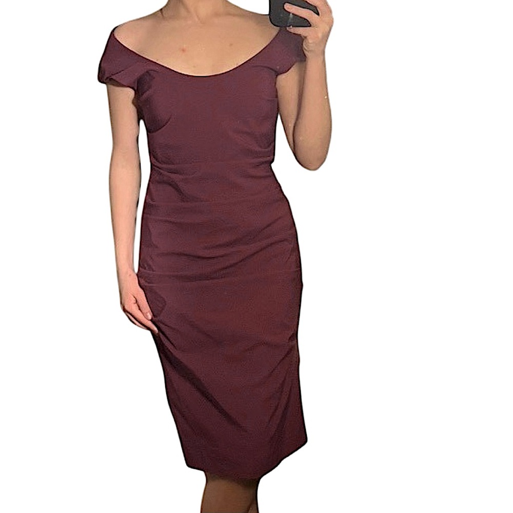 le chateau magenta cap-sleeve ruched midi dress